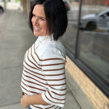 Cream Brown Stripe Mock Neck Sweater