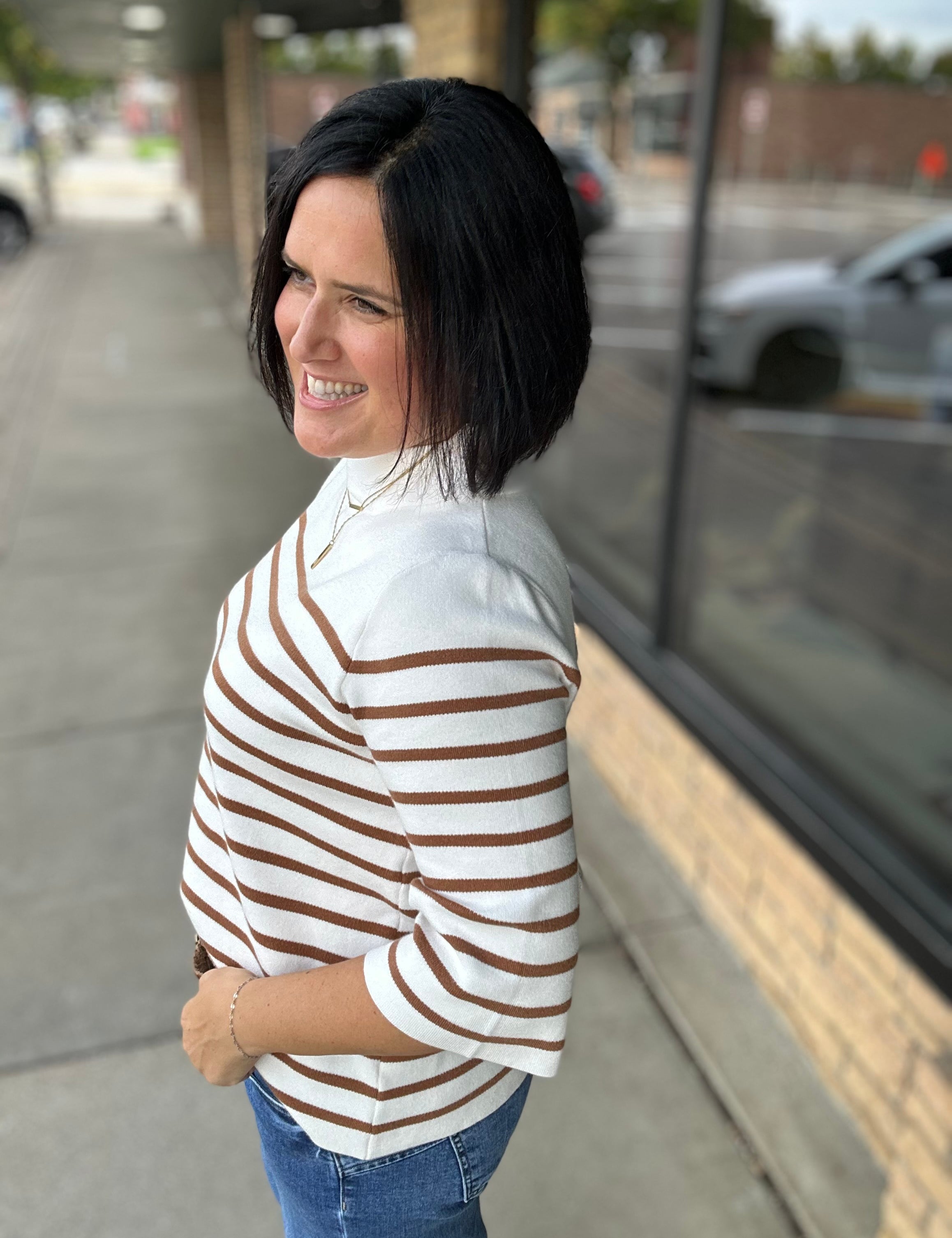 Cream Brown Stripe Mock Neck Sweater Top - Sweater FATE by LFD
