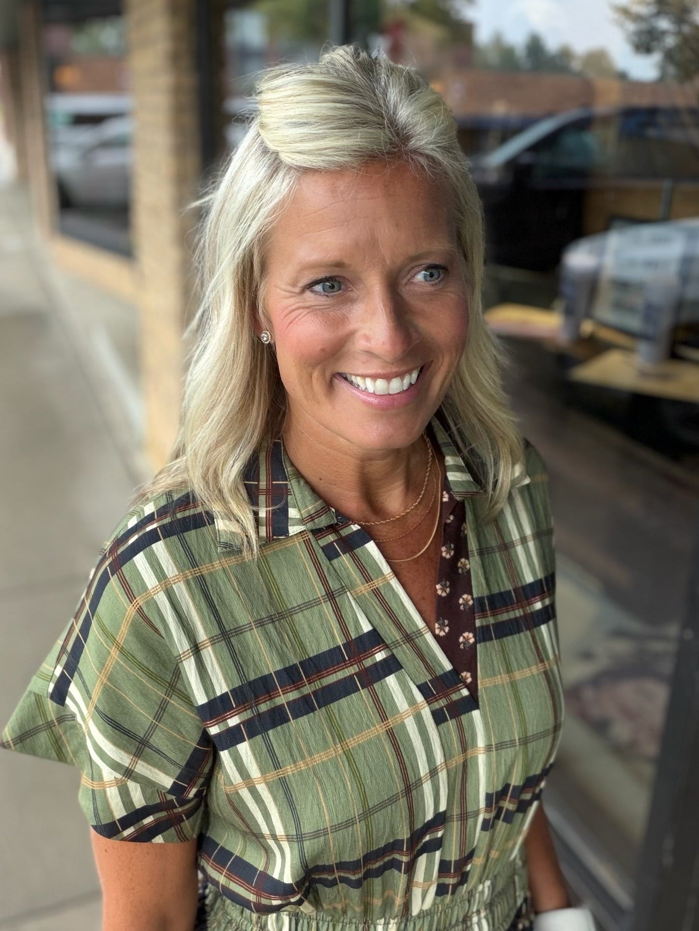 Short Sleeve Cinched Plaid Dress THML