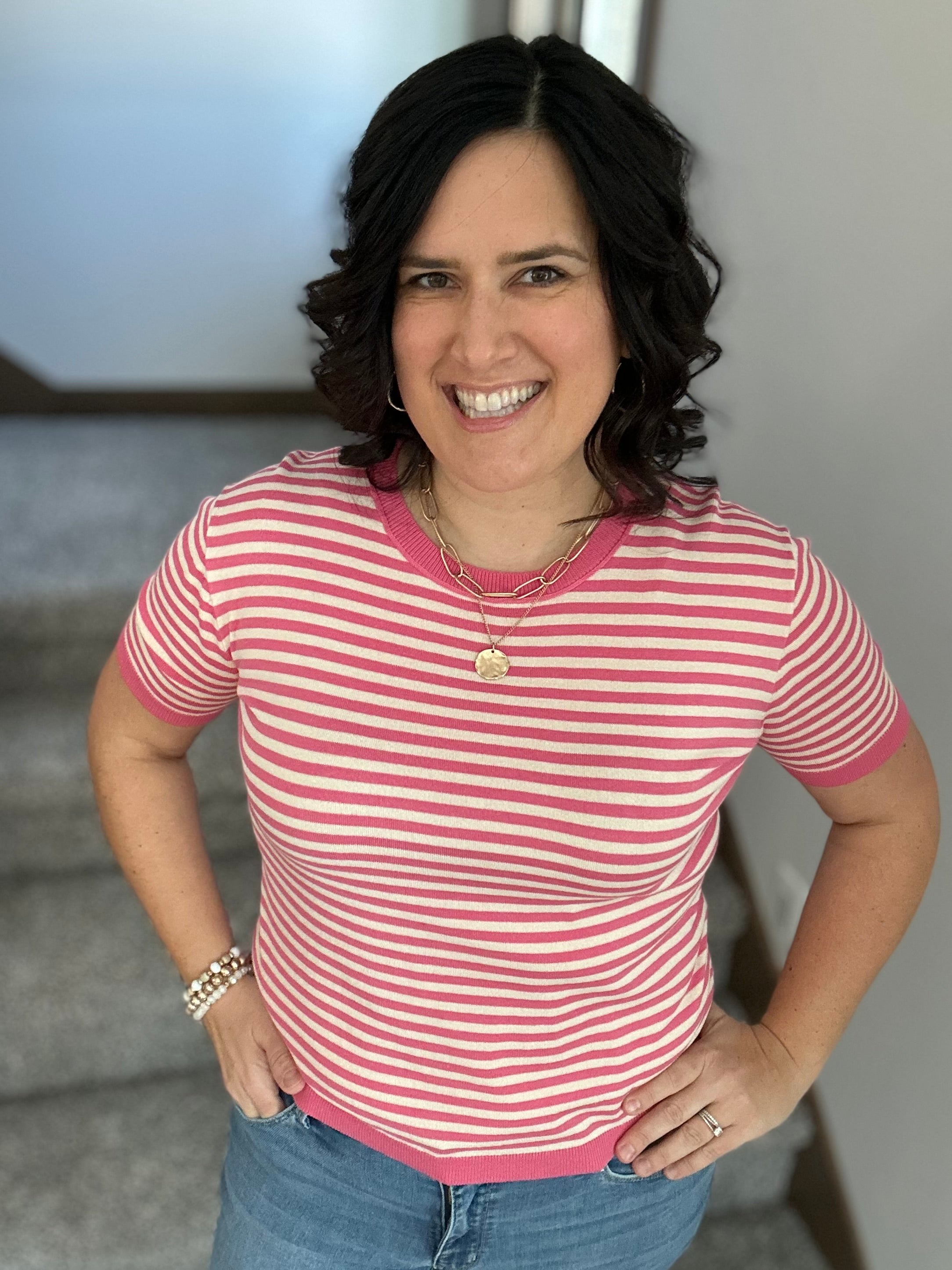 Pink Striped Half Sleeve Sweater Top - Sweater STACCATO