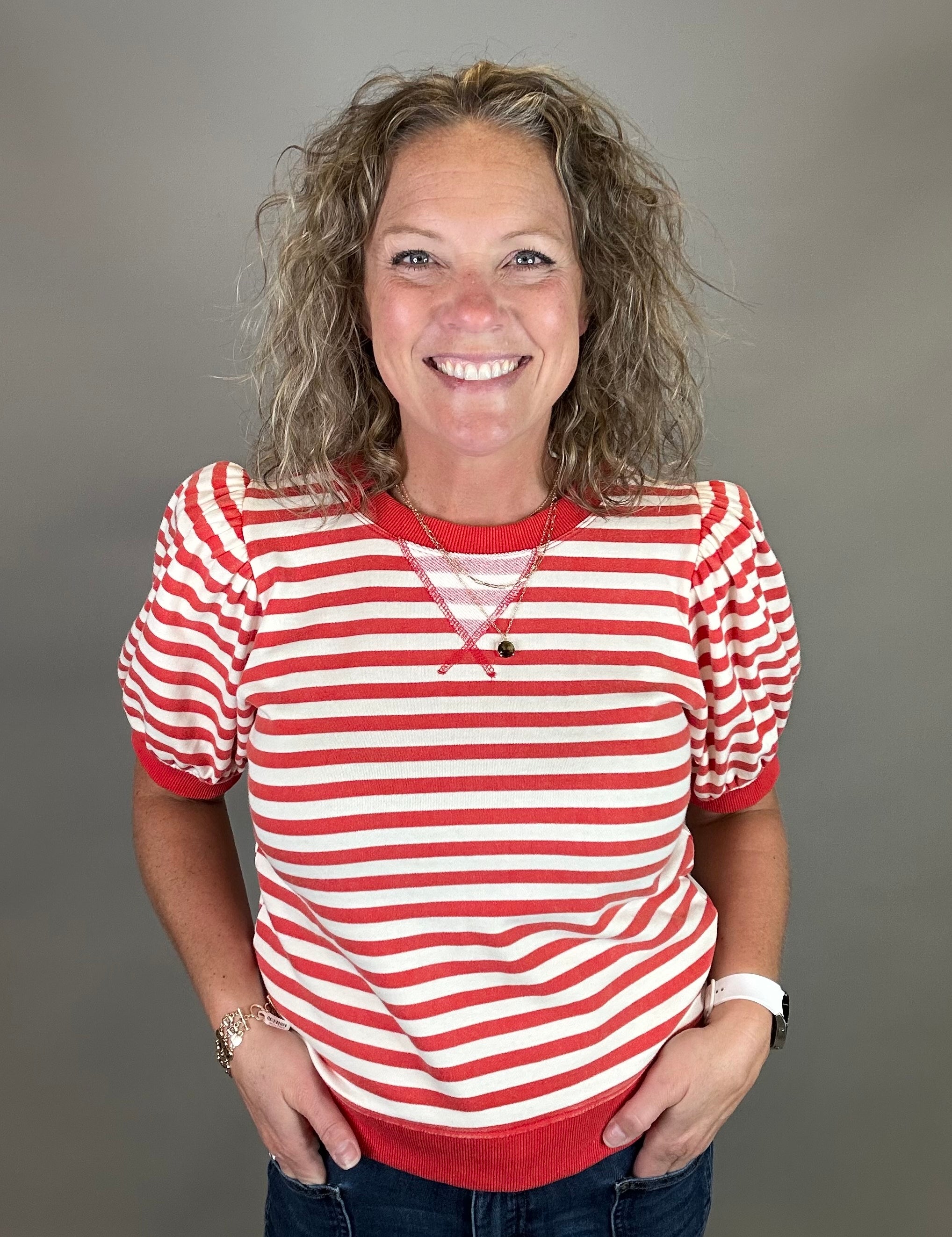 Red/Ivory Striped Puff Sleeve Top Top- Sweatshirts JODIFL
