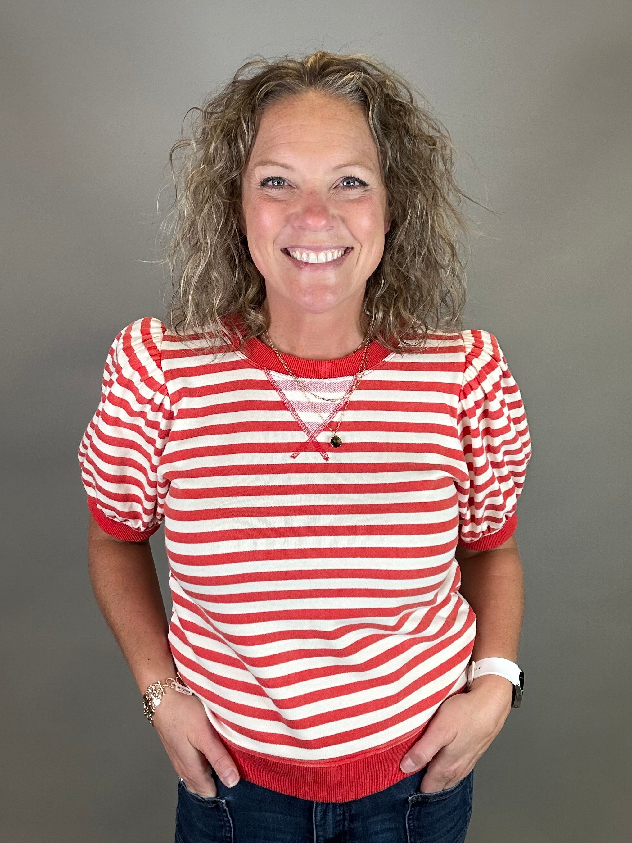 Red/Ivory Striped Puff Sleeve Top Top- Sweatshirts JODIFL