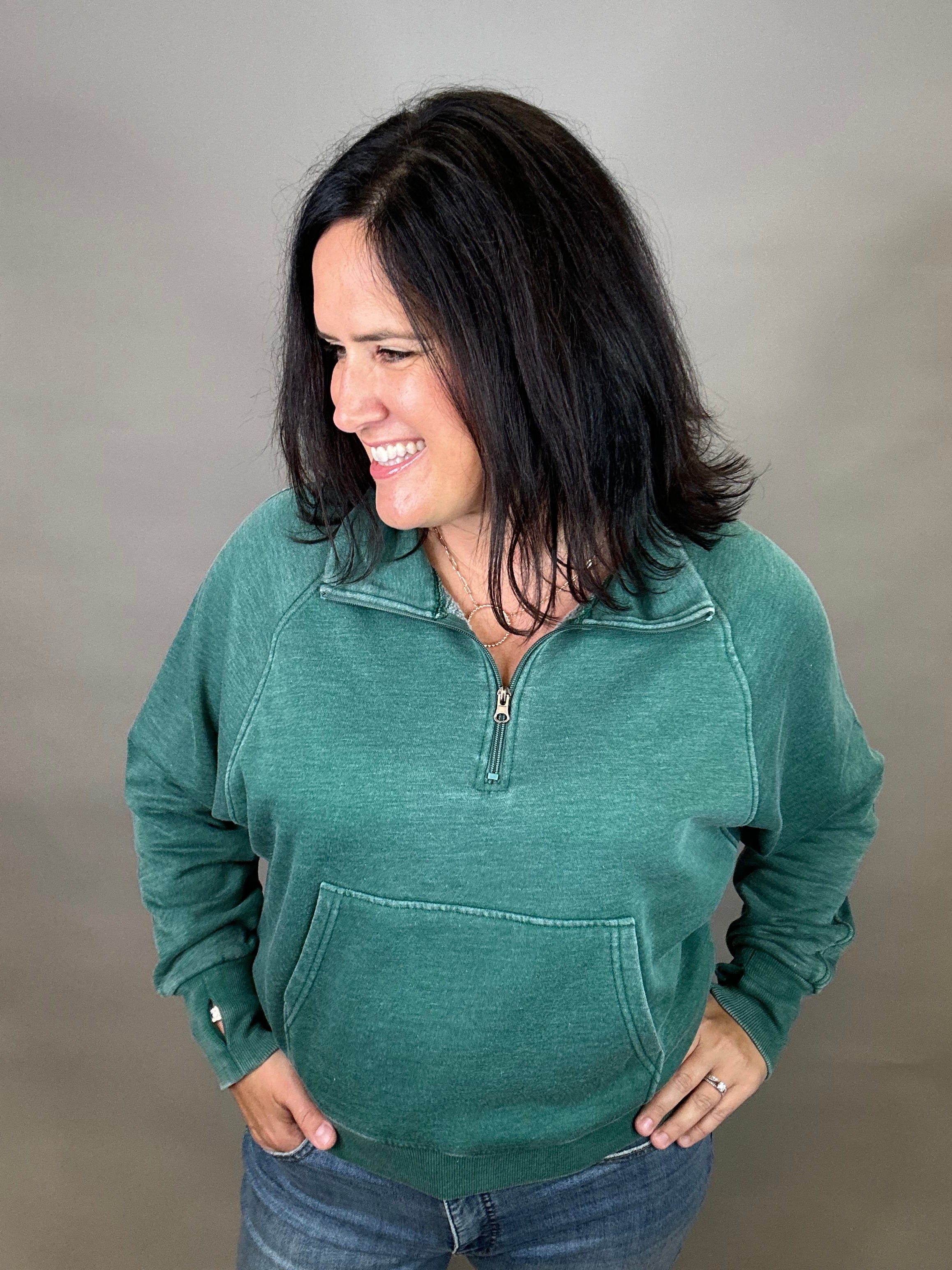 Green Quarter Zip Sweatshirt Top - Sweatshirt PANACHE