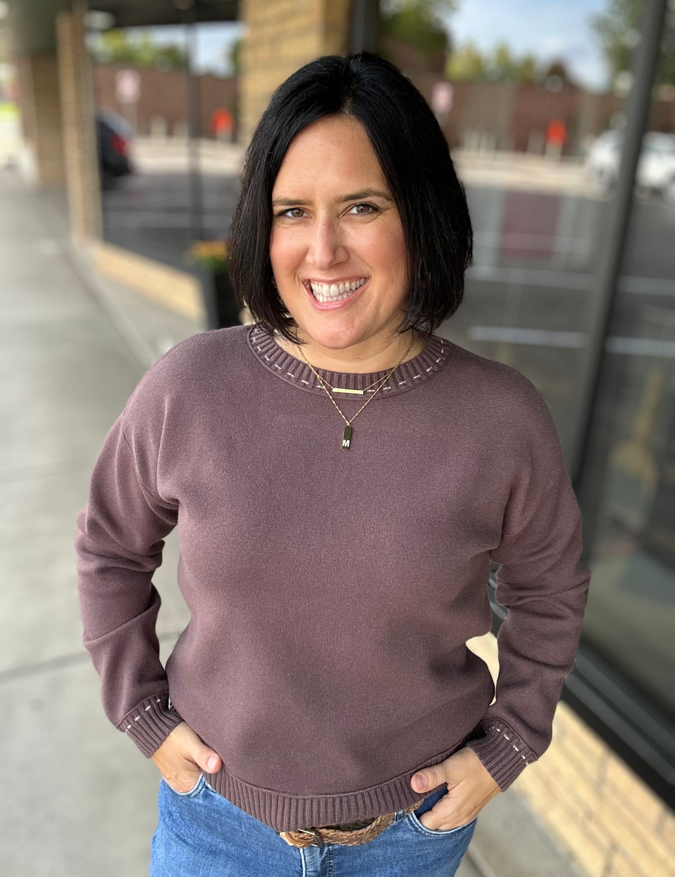 Mocha Stitch Detail Crew Neck Sweater Top - Sweater STACCATO