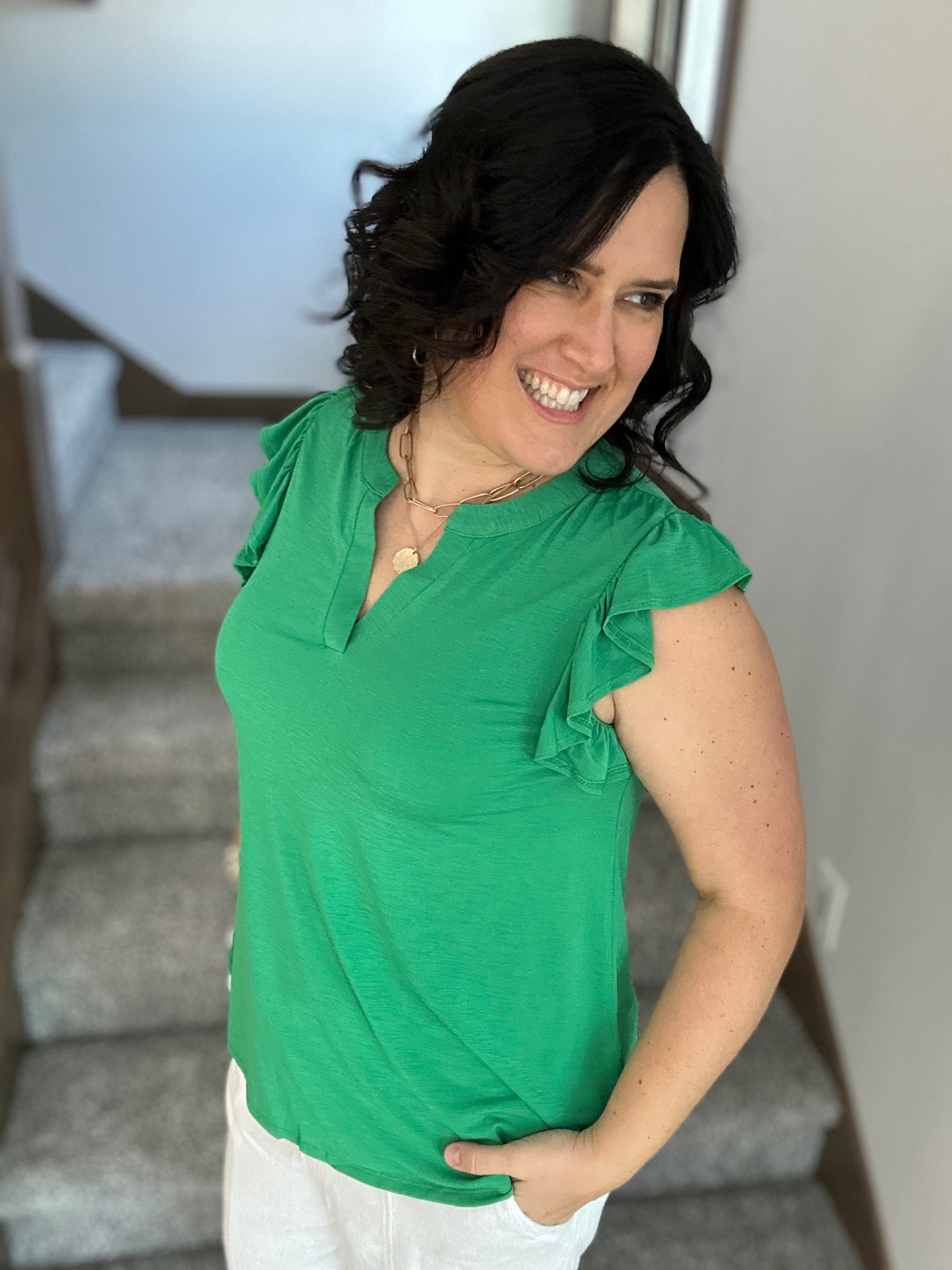 Kelly Green Flutter Sleeve Lizzy Top Tops- Blouses DEAR SCARLETT