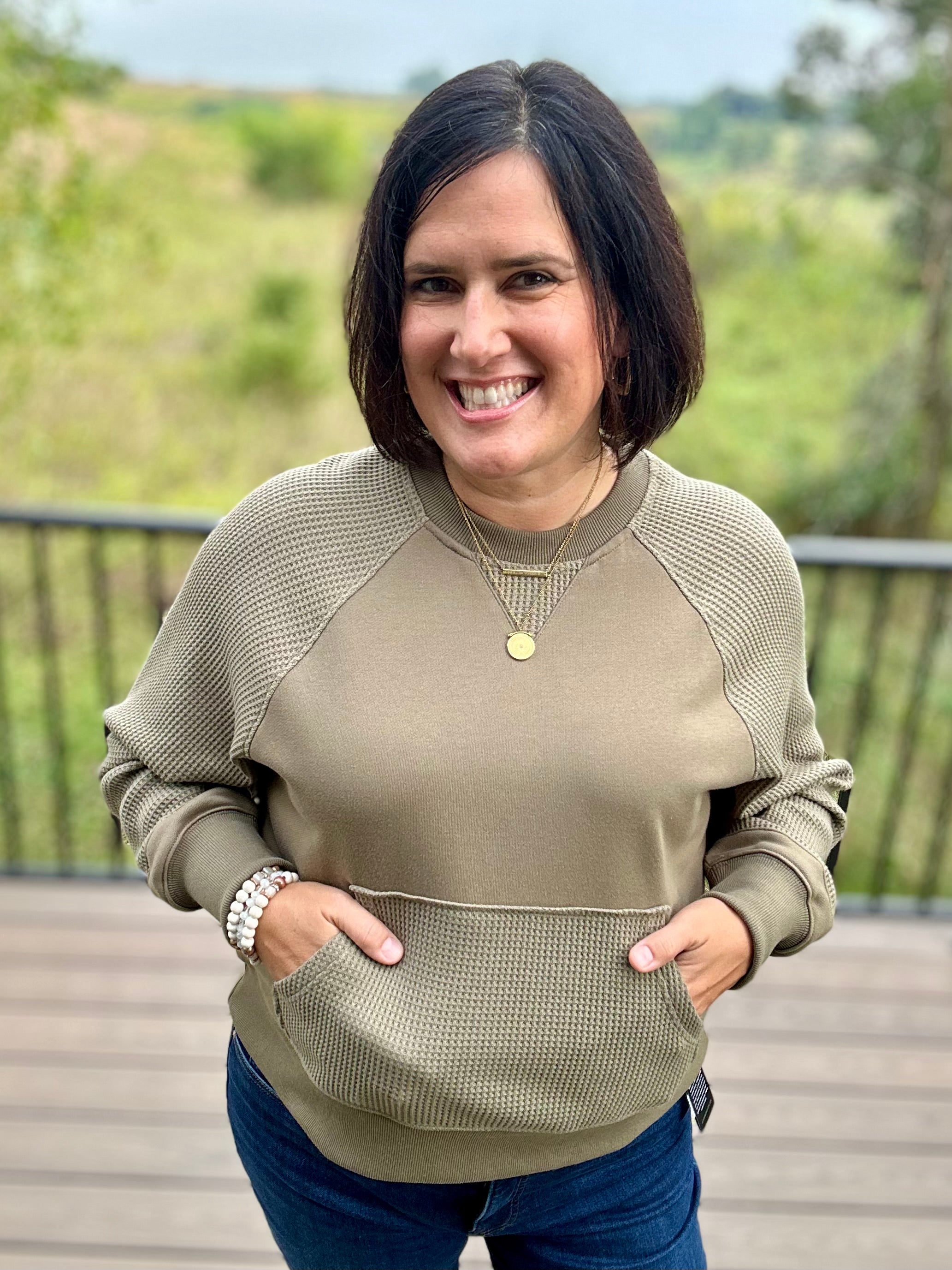 Army Green Mixed Waffle Knit Top Top - Sweatshirt TRES BIEN