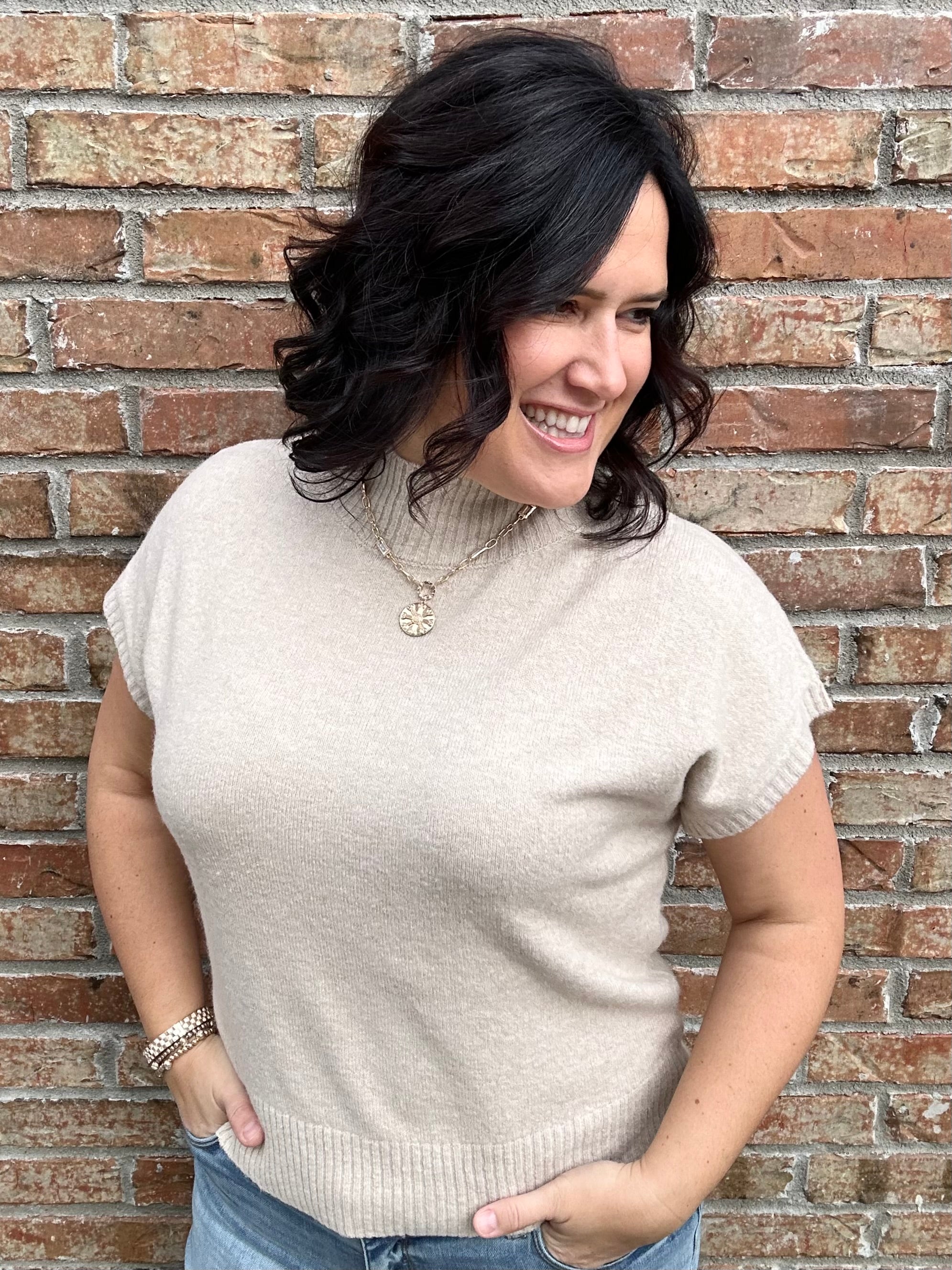 Oatmeal Mock Neck Sweater Vest Top - Sweater STACCATO