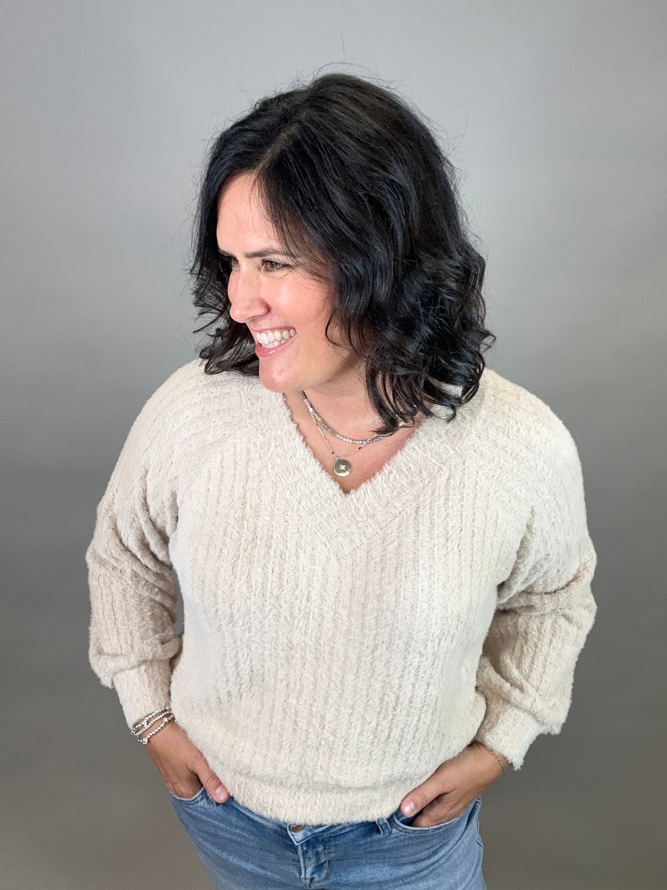 Beige Soft Knitted Pullover Top - Sweater DOE & RAE
