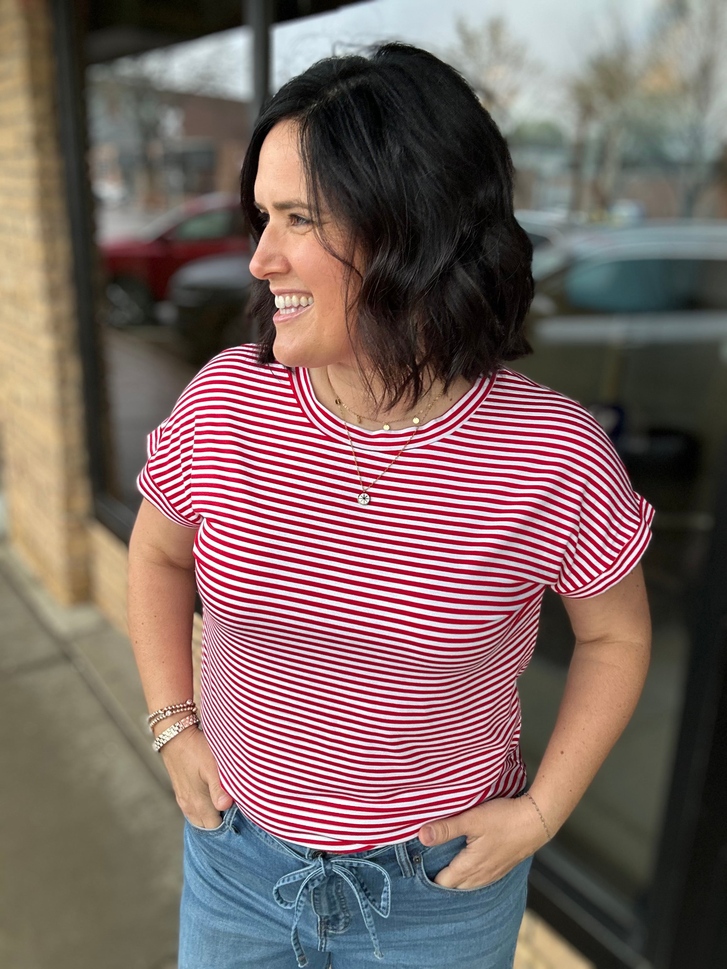 Red/White Stripe Round Neck Jersey Top Top - Tee STACCATO