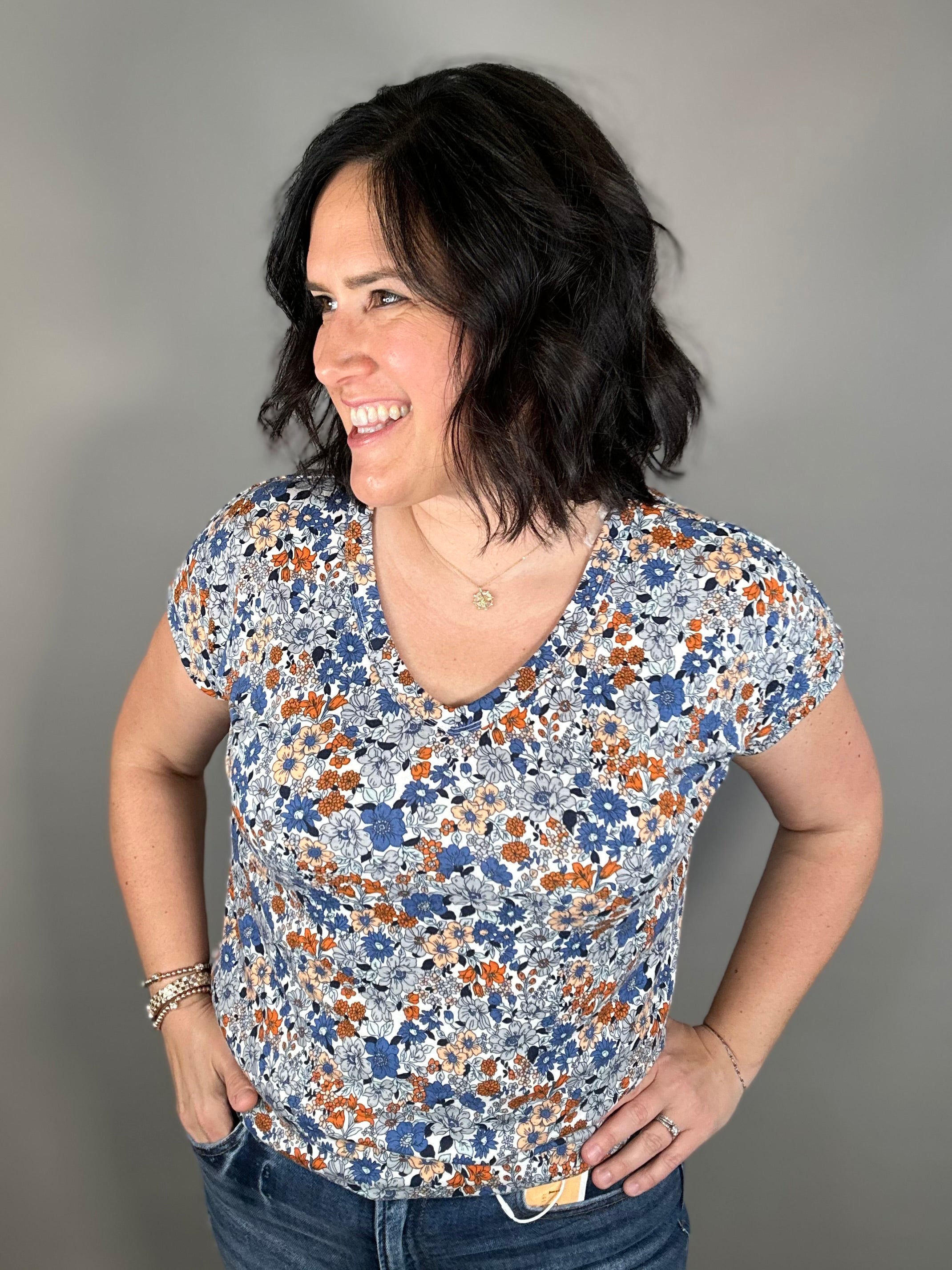 Ivory/Blue Floral Print Jersey Top Tops- Tees STACCATO