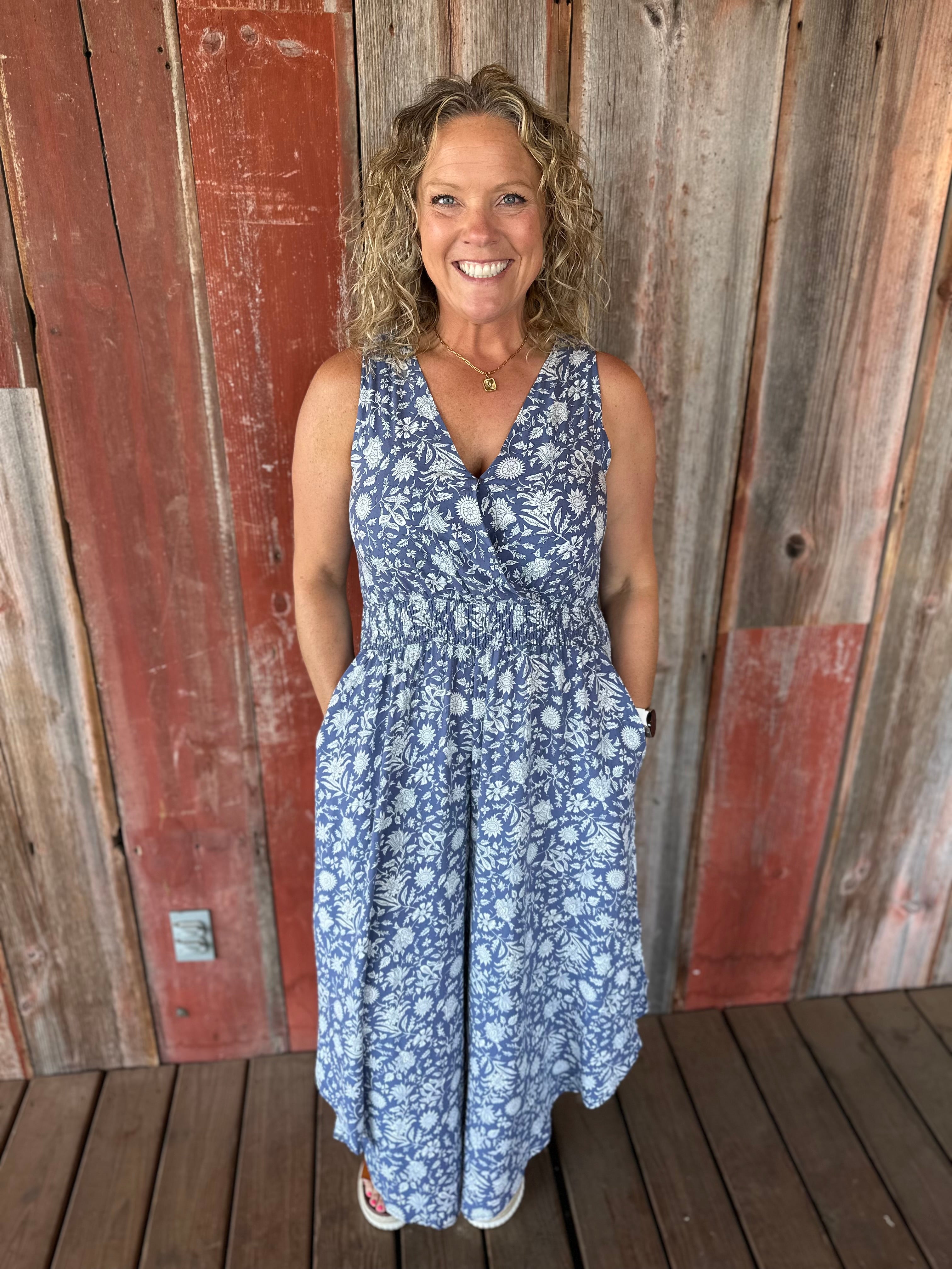 Blue Floral Print Jumper Jumpsuit COZY CO.