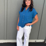 Blue Gauze Button Down Top Tops - Button Ups COZY CO.