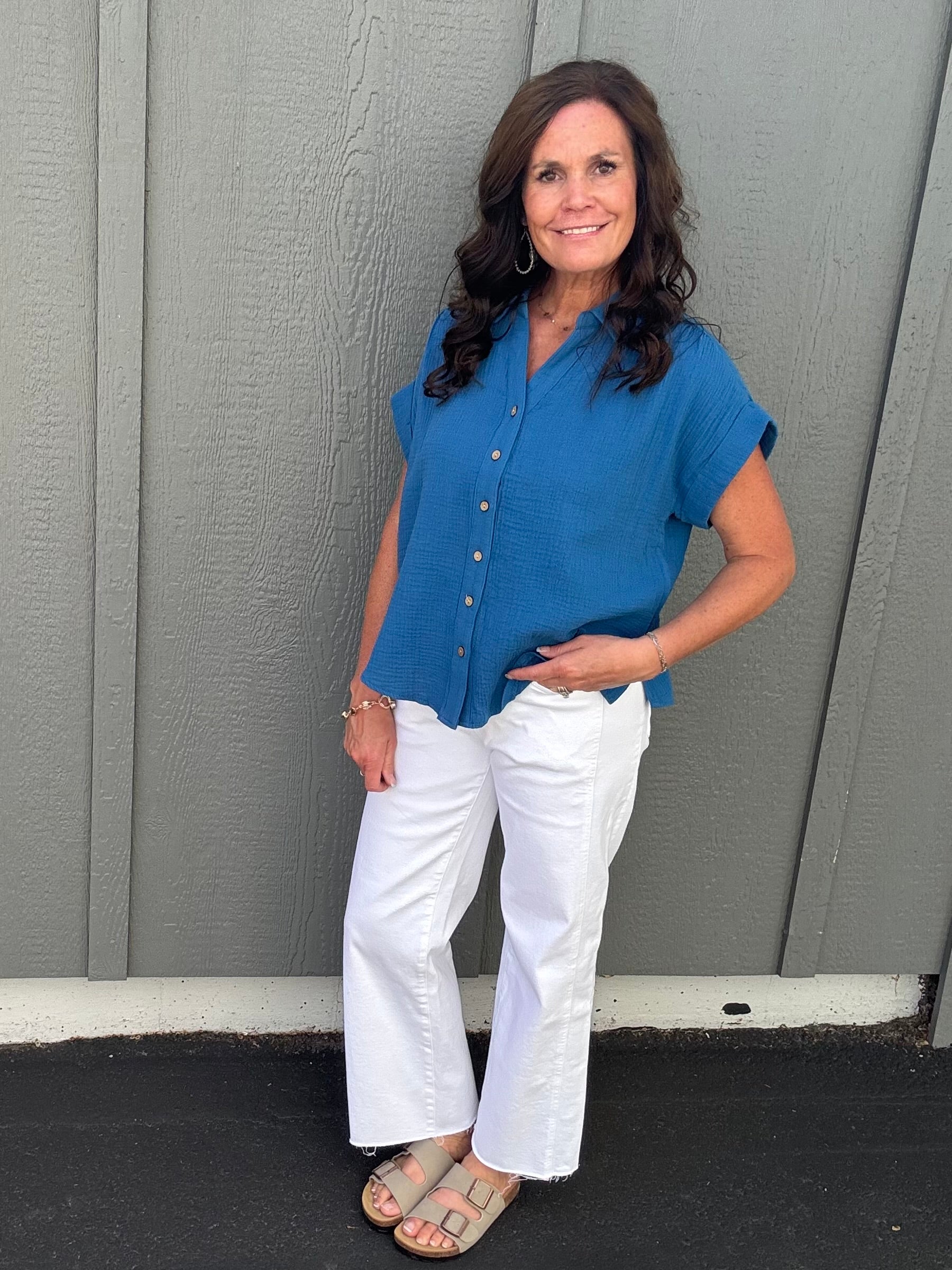 Blue Gauze Button Down Top Tops - Button Ups COZY CO.