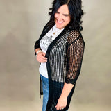 Black Coastal Crochet Tie Kimono OS Tops- Cardigans PRETTY SIMPLE WHOLESALE