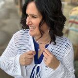 Off White Front Tie Crochet Cardigan