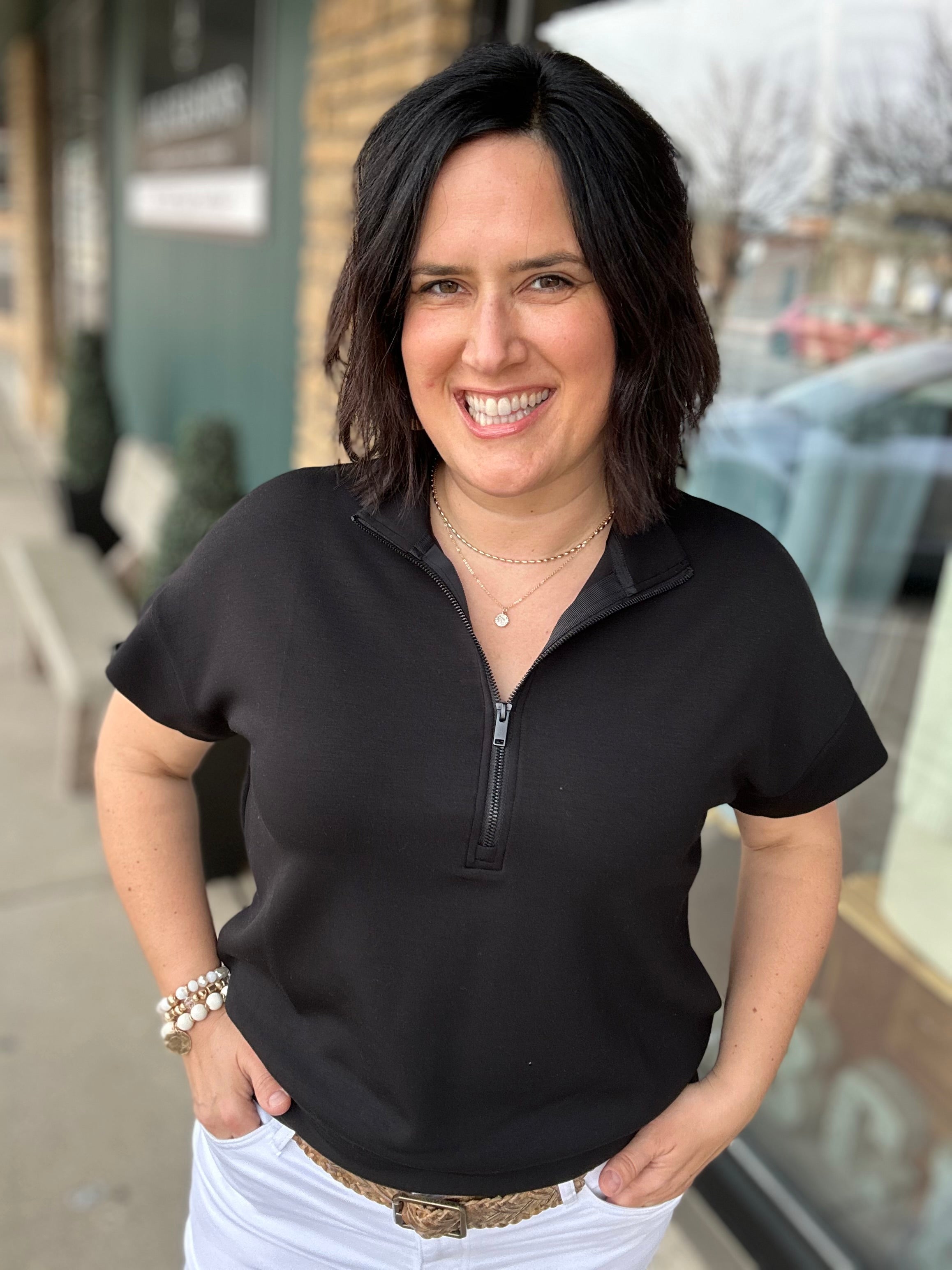 Black Quarter Zip Short Sleeve Top Top - Tee RAE MODE
