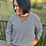 Navy Sand Stripe Contrast Collar Sweater Top - Sweater TRES BIEN