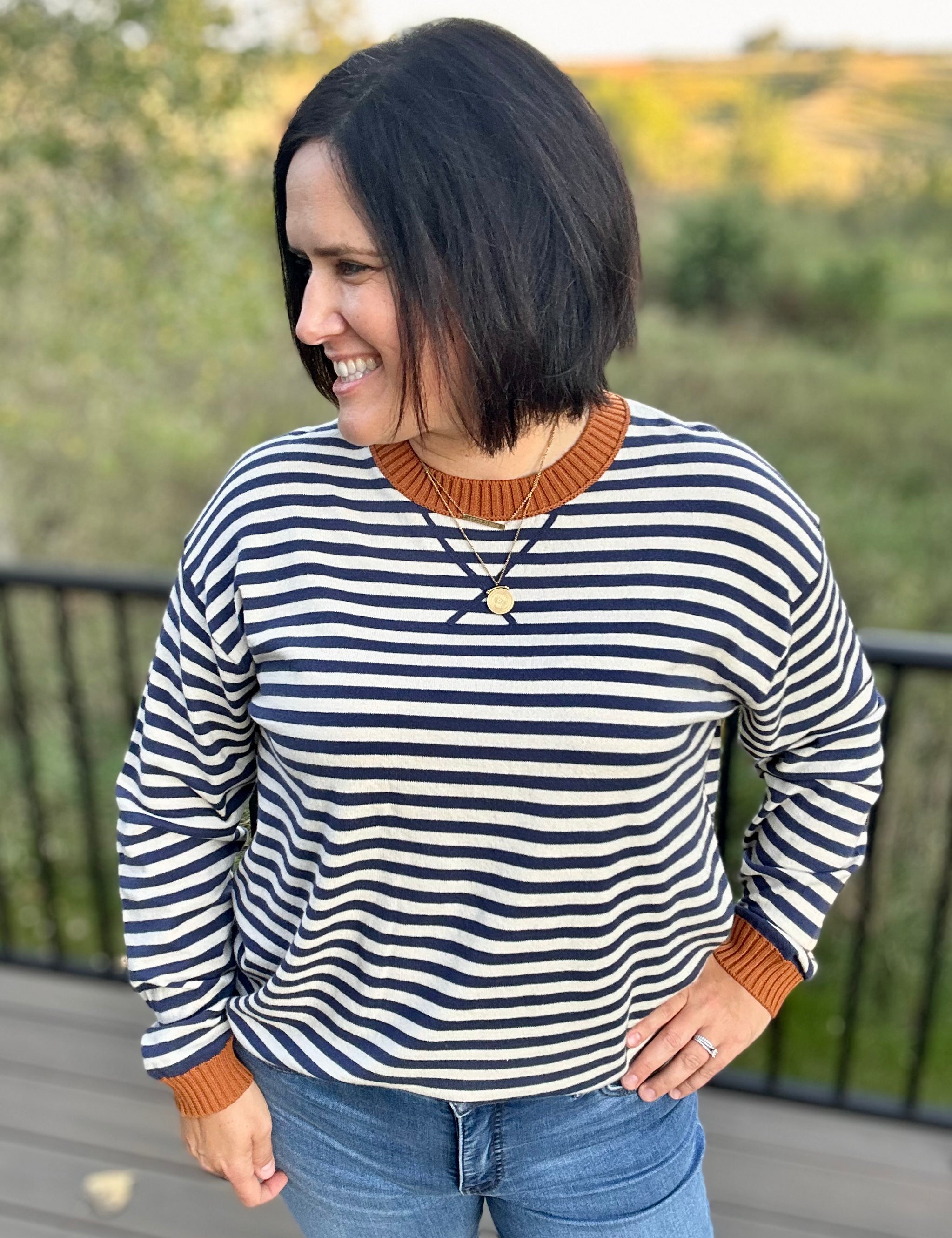 Navy Sand Stripe Contrast Collar Sweater Top - Sweater TRES BIEN