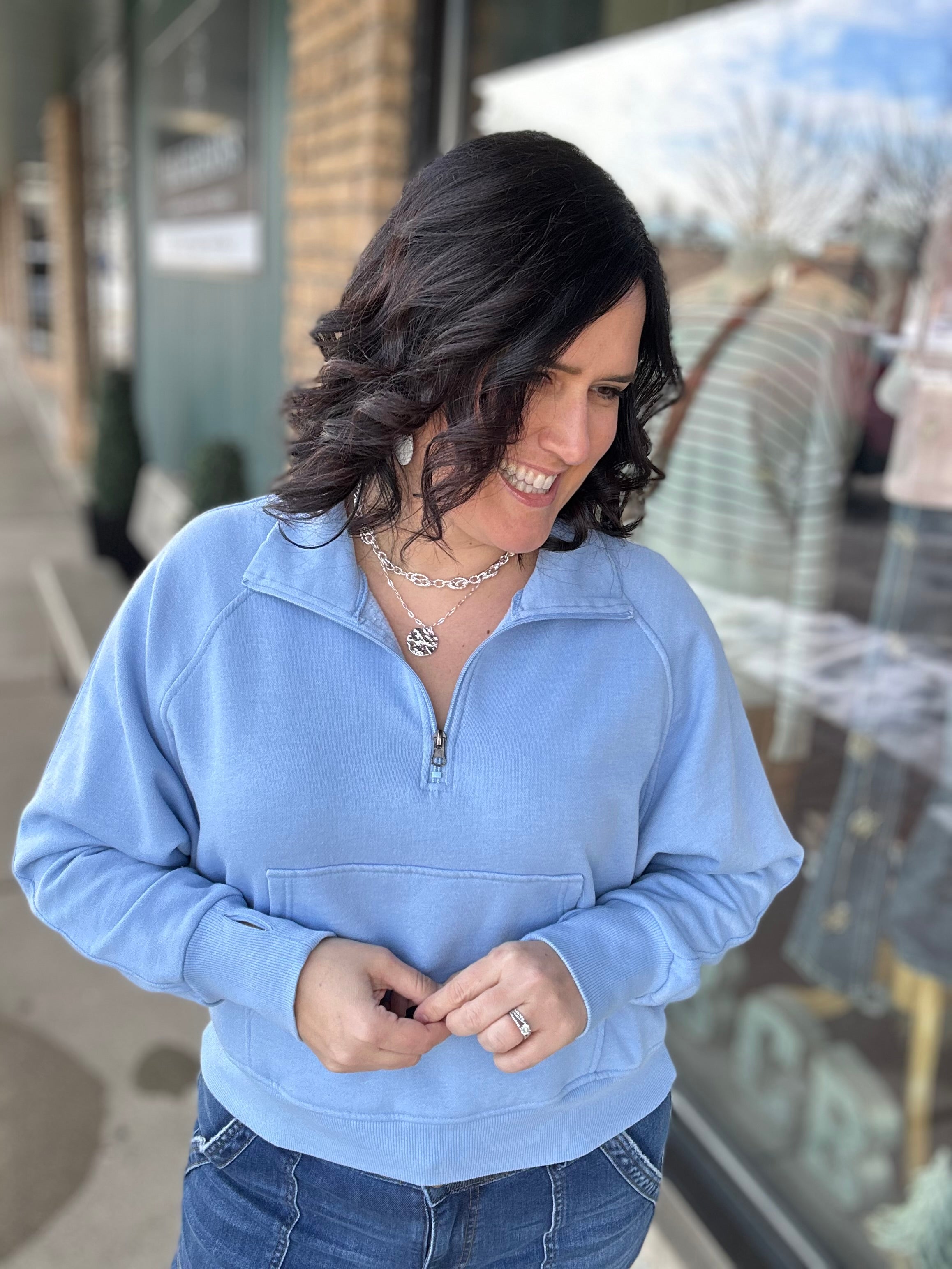 Lt. Blue Quarter Zip Sweatshirt Top - Sweatshirt PANACHE