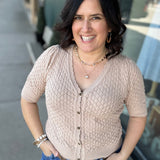 Taupe Pointelle Short-Sleeve Cardigan Top - Sweater DOE & RAE