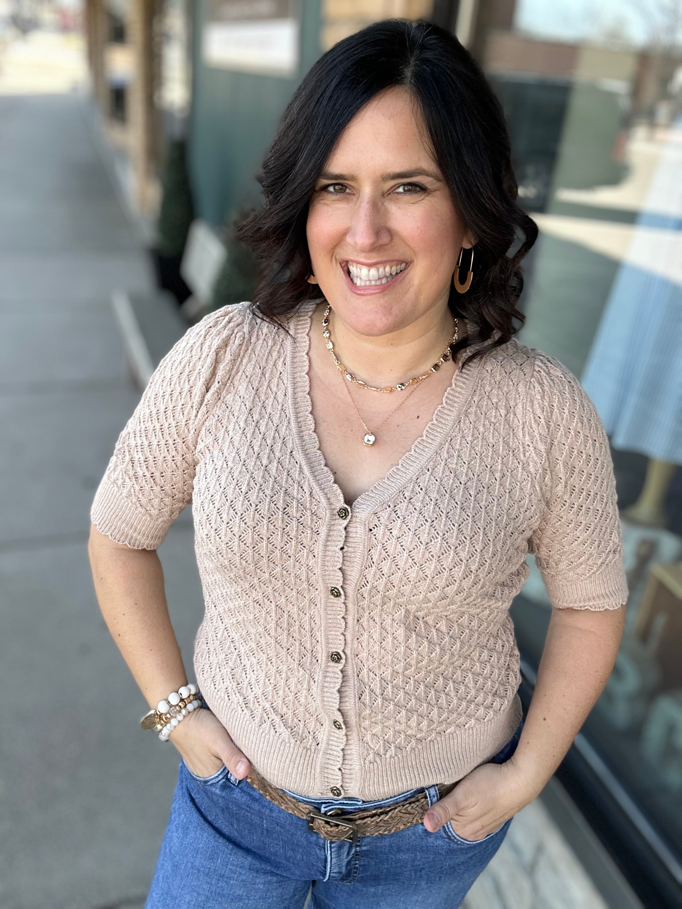 Taupe Pointelle Short-Sleeve Cardigan Top - Sweater DOE & RAE