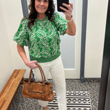 Green Leaf Embroidered Eyelet Bubble Sleeve Top