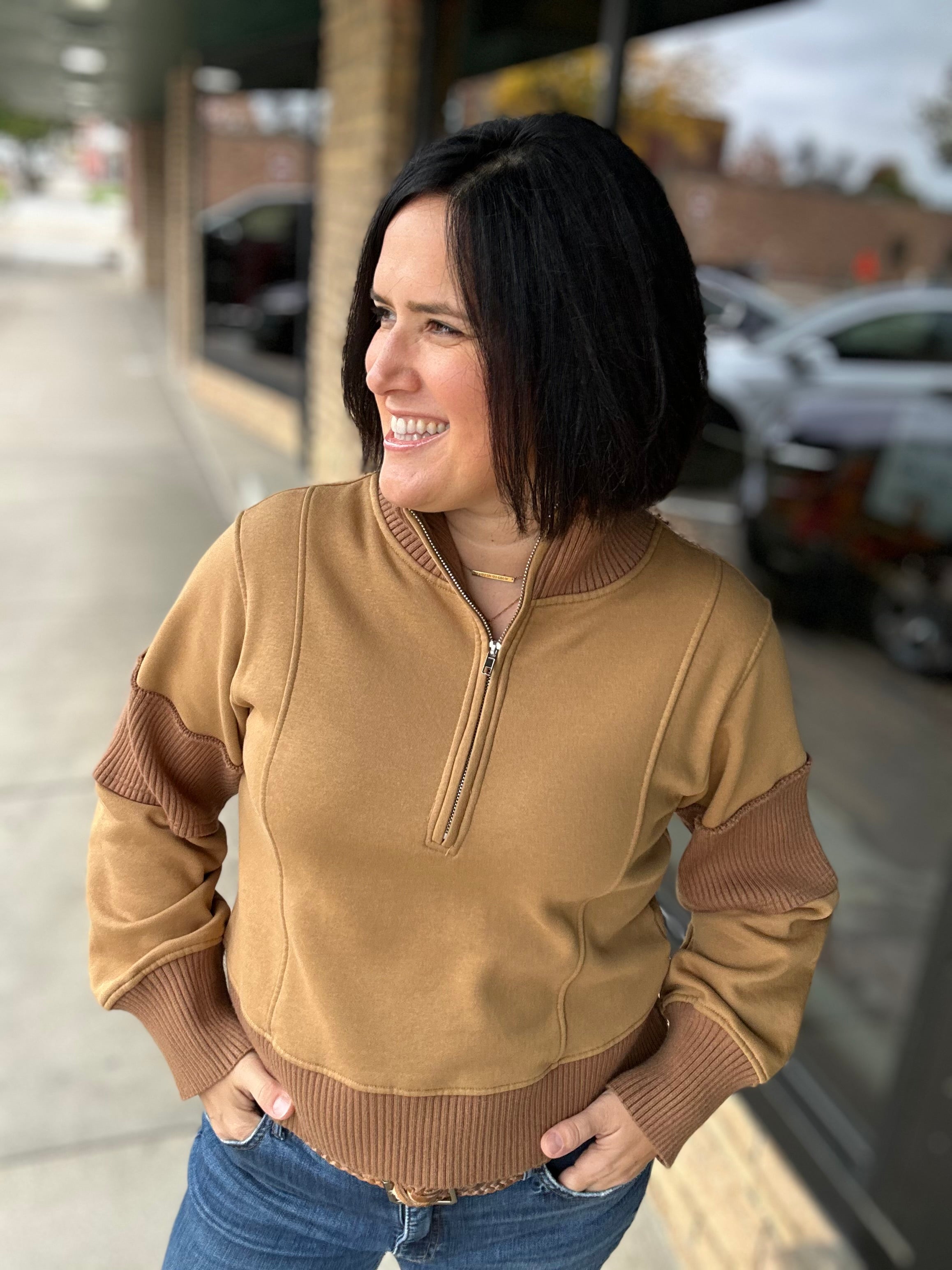 Sepia Half Zip-Up Brushed Terry Top Top - Sweatshirt HEM & THREAD