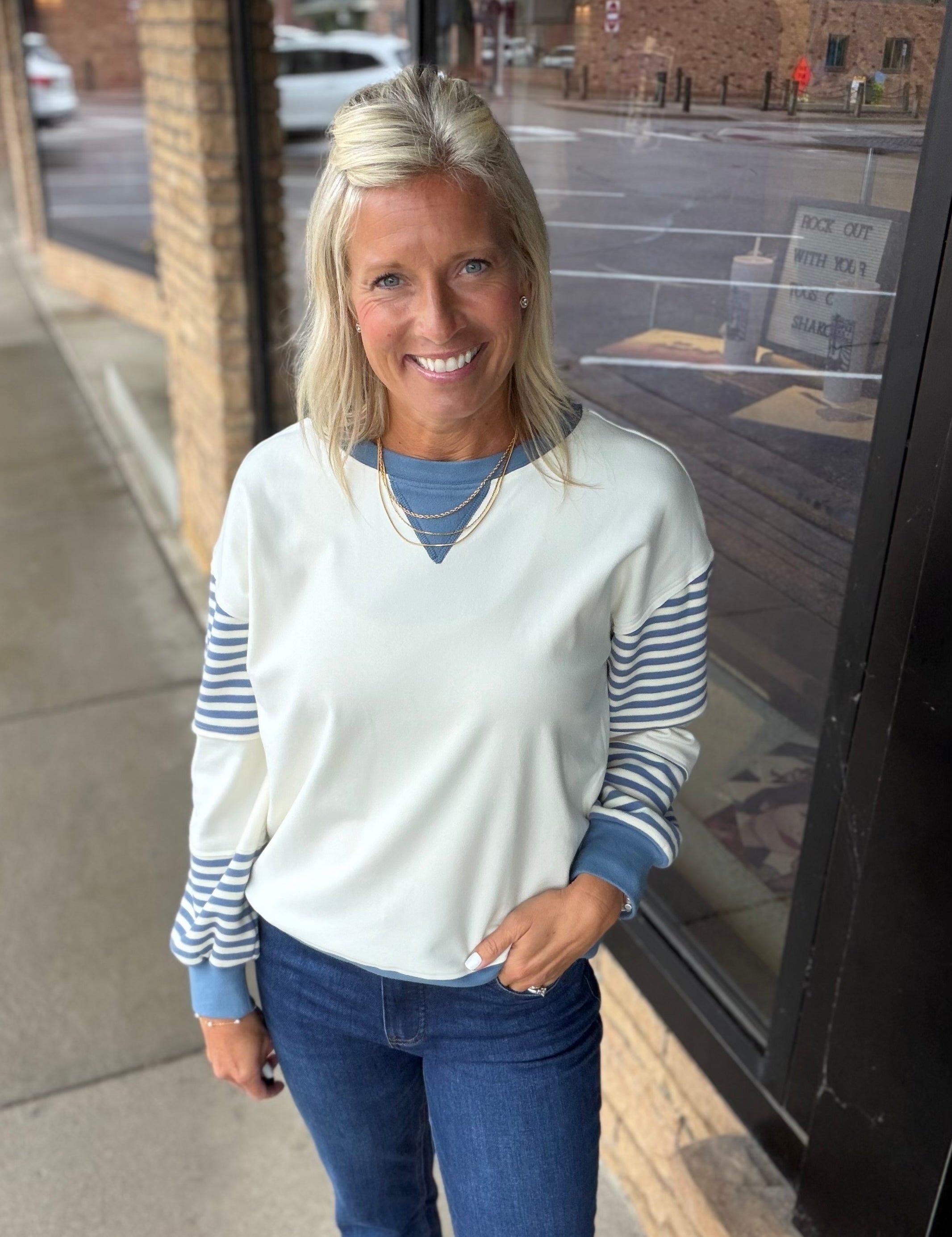 Cream/Blue Color Block Top STACCATO