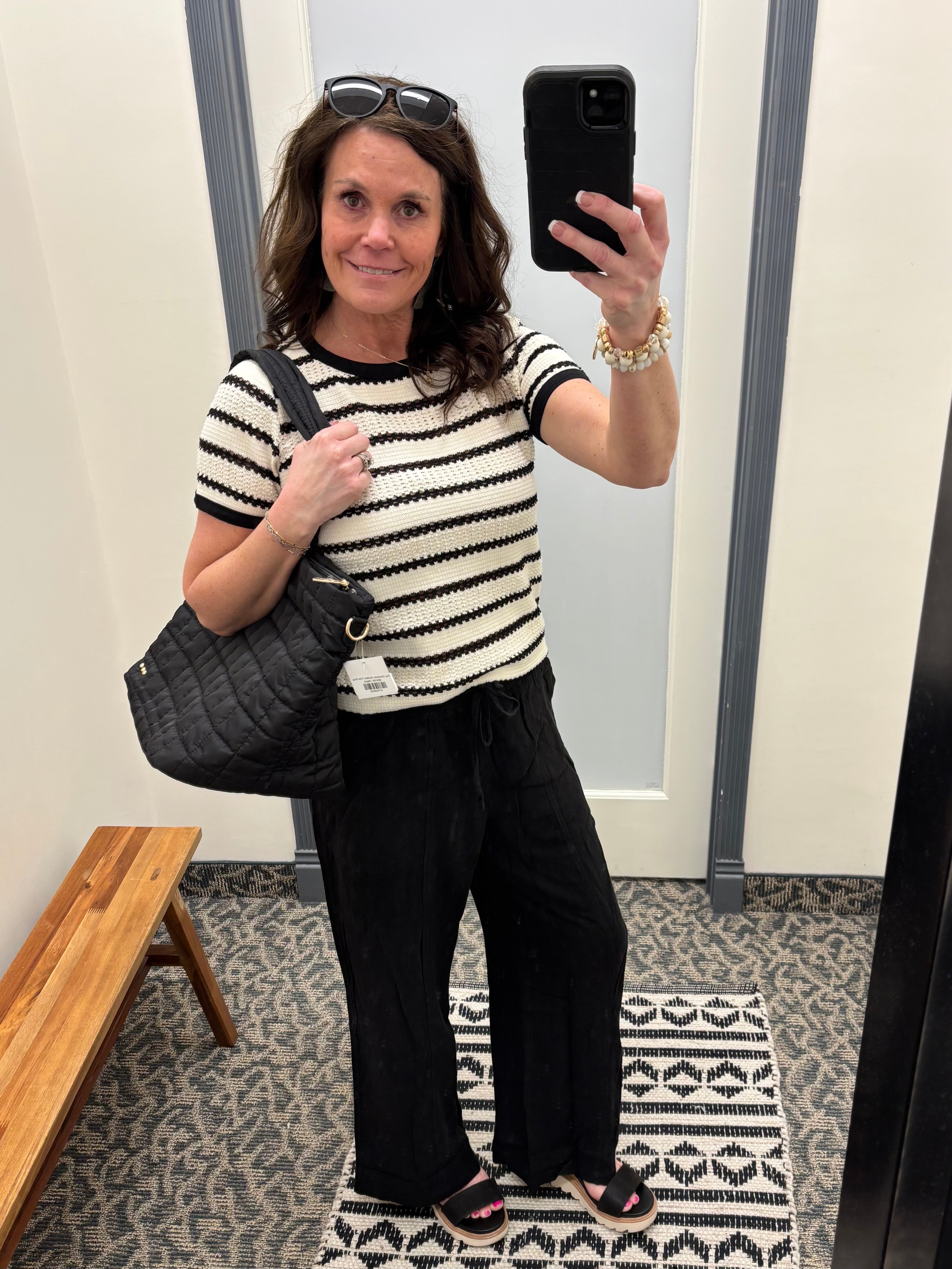 Ivory/Black Pointelle Striped Top Top - Sweater STACCATO