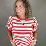 Red/Ivory Striped Puff Sleeve Top Top- Sweatshirts JODIFL