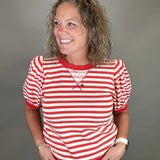 Red/Ivory Striped Puff Sleeve Top Top- Sweatshirts JODIFL