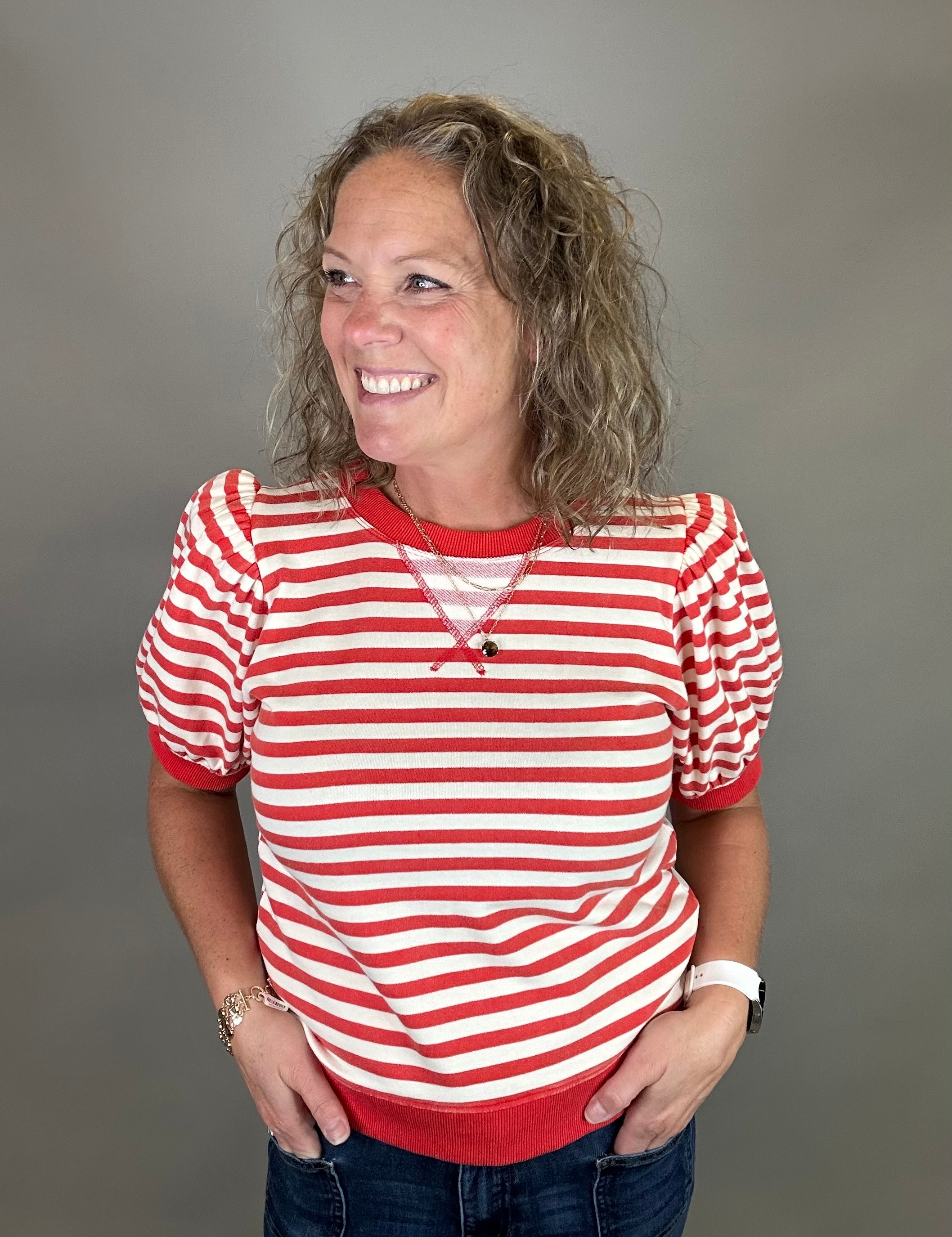 Red/Ivory Striped Puff Sleeve Top Top- Sweatshirts JODIFL