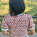 Rust Ivory Jacquard Fringe Trim Puff Sleeve Top Top - Sweater VOY