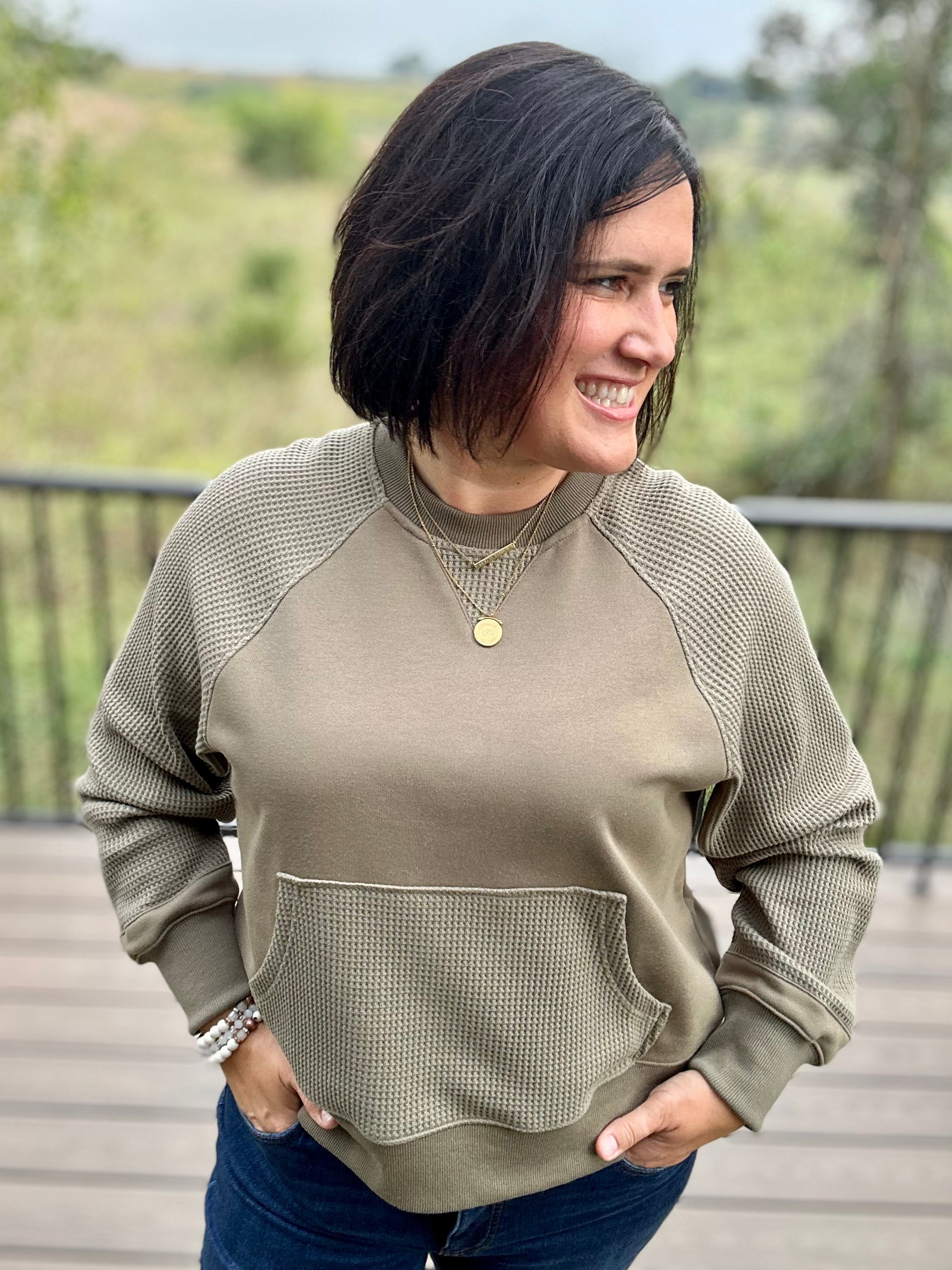 Army Green Mixed Waffle Knit Top Top - Sweatshirt TRES BIEN