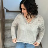 Grey Split Neck Open Knit Sweater