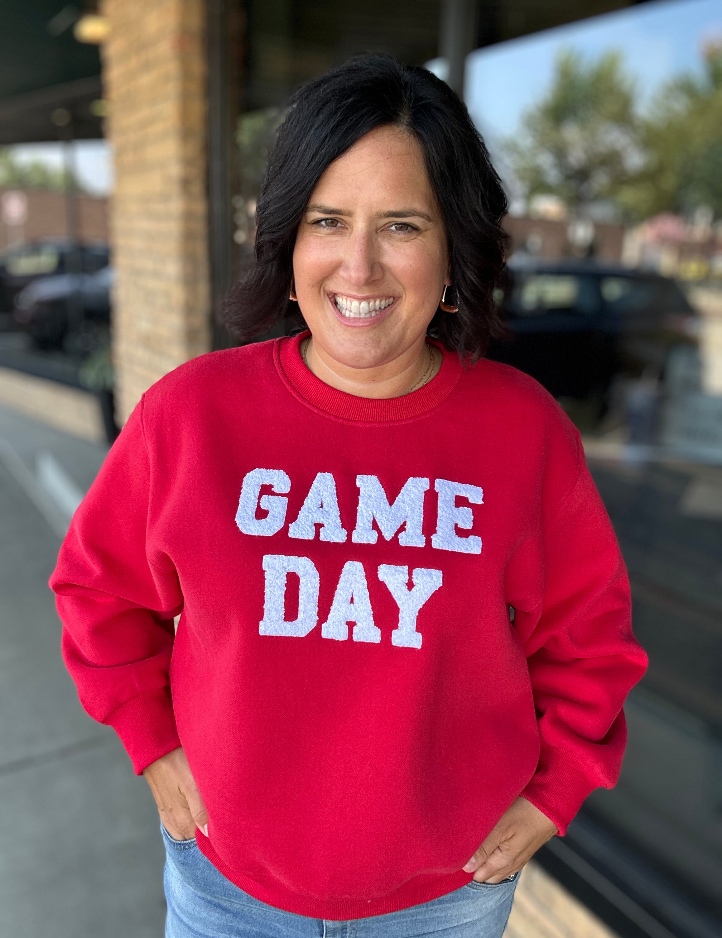 Red Game Day Sweatshirt Top- Sweatshirts PANACHE