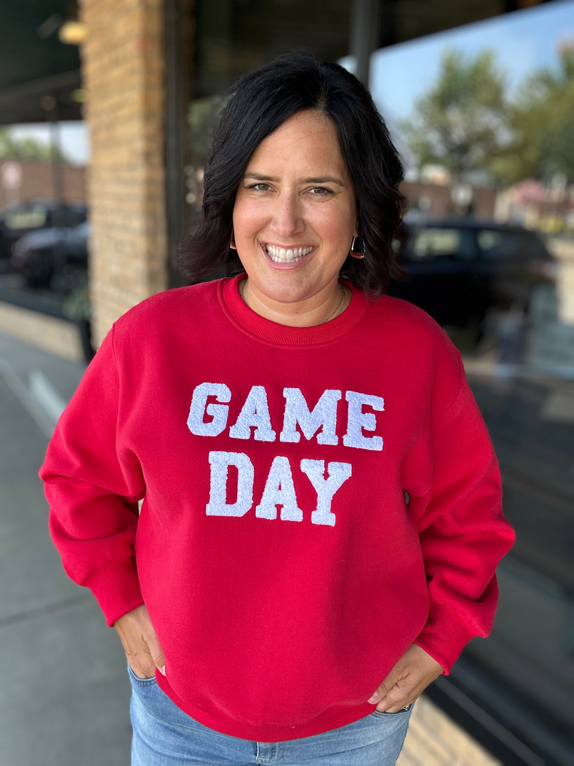Red Game Day Sweatshirt Top- Sweatshirts PANACHE
