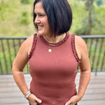Terracotta Ruffle Trim Ribbed Tank Tops- Tanks DOE & RAE
