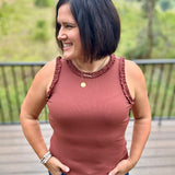 Terracotta Ruffle Trim Ribbed Tank Tops- Tanks DOE & RAE