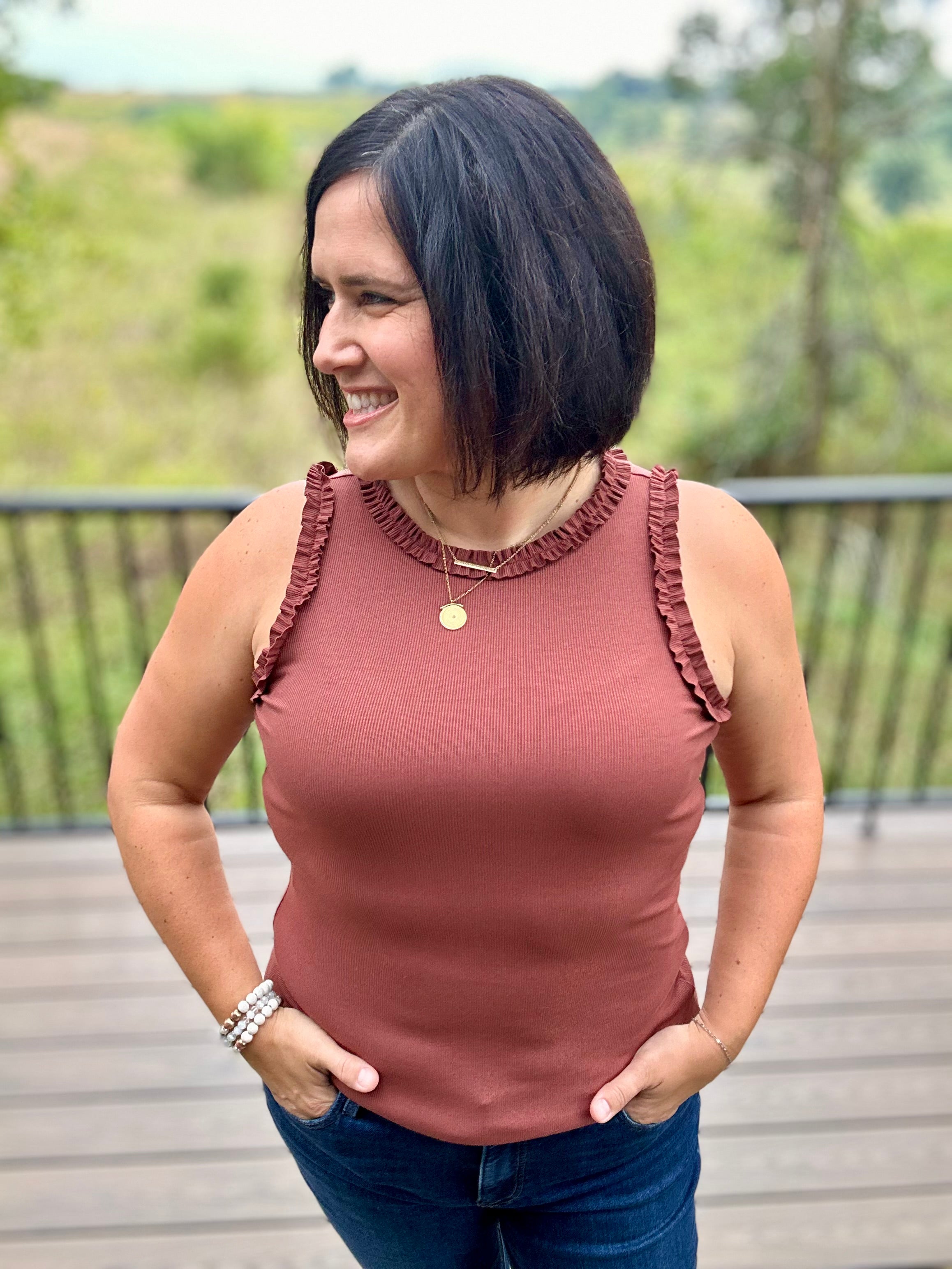 Terracotta Ruffle Trim Ribbed Tank Tops- Tanks DOE & RAE