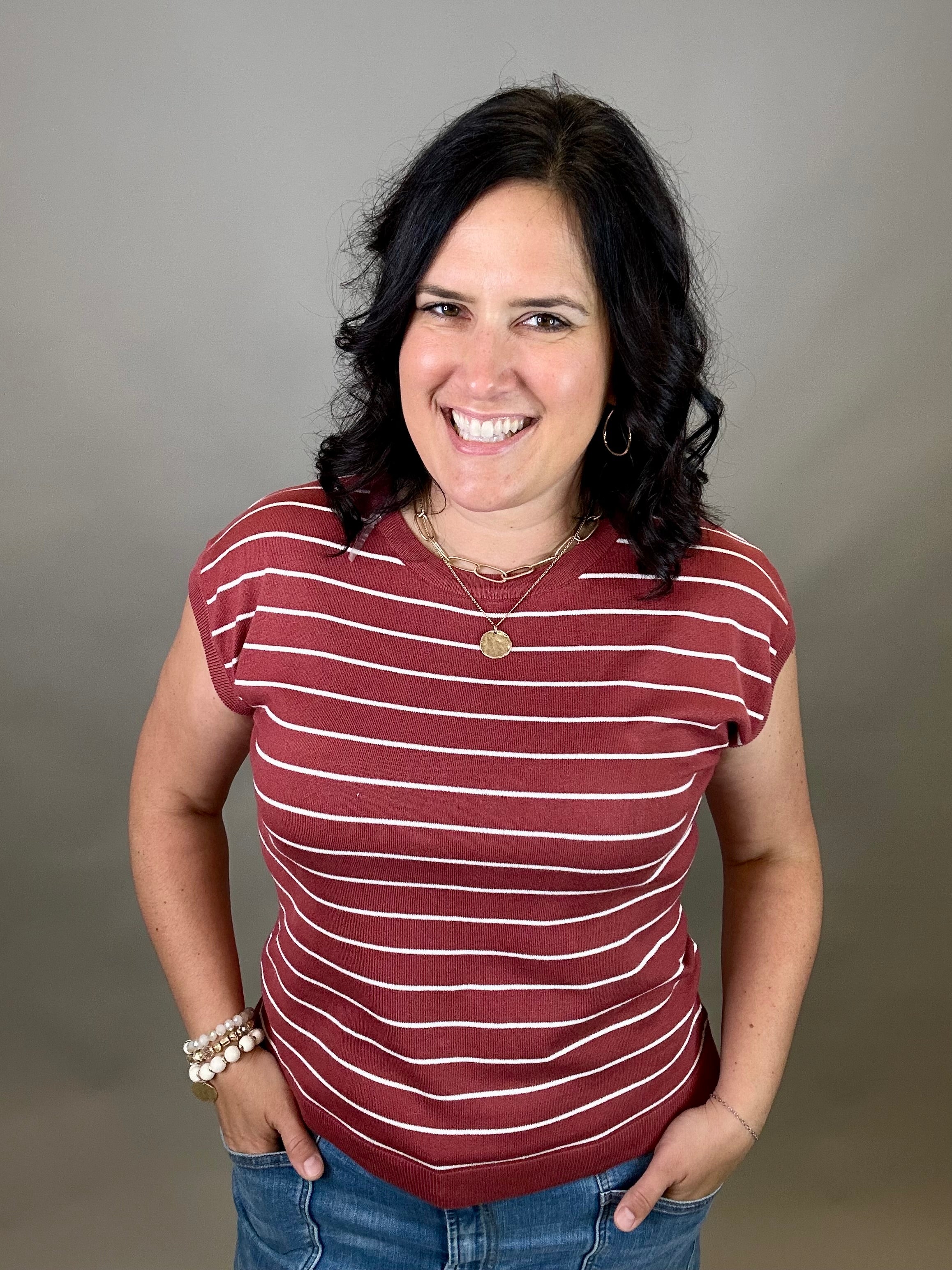 Marsala Striped Short Sleeve Sweater Top - Sweater STACCATO