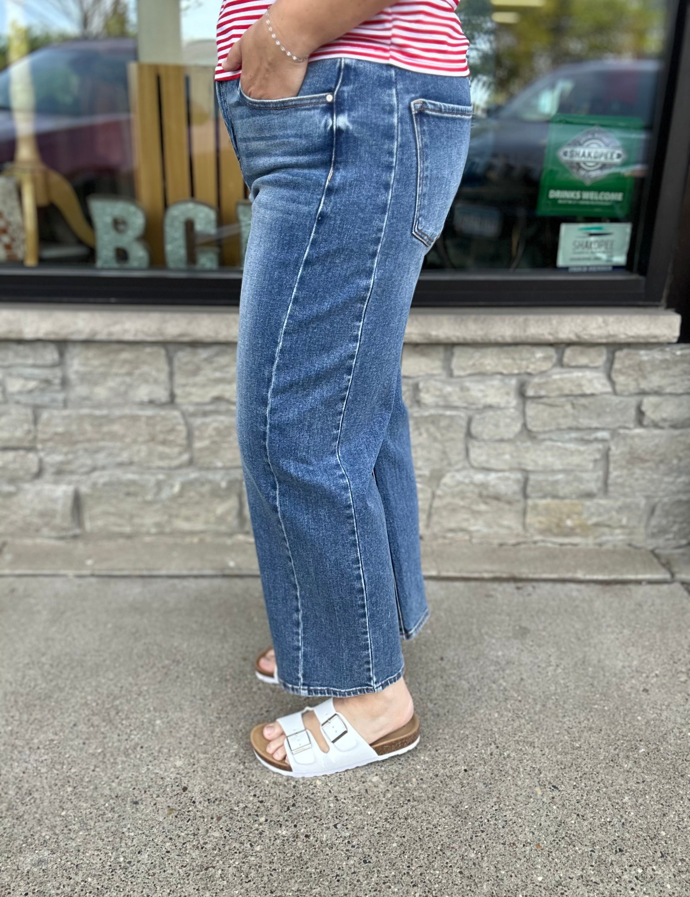 Dark High Rise Crop Barrel Jeans Bottom- Pants RISEN