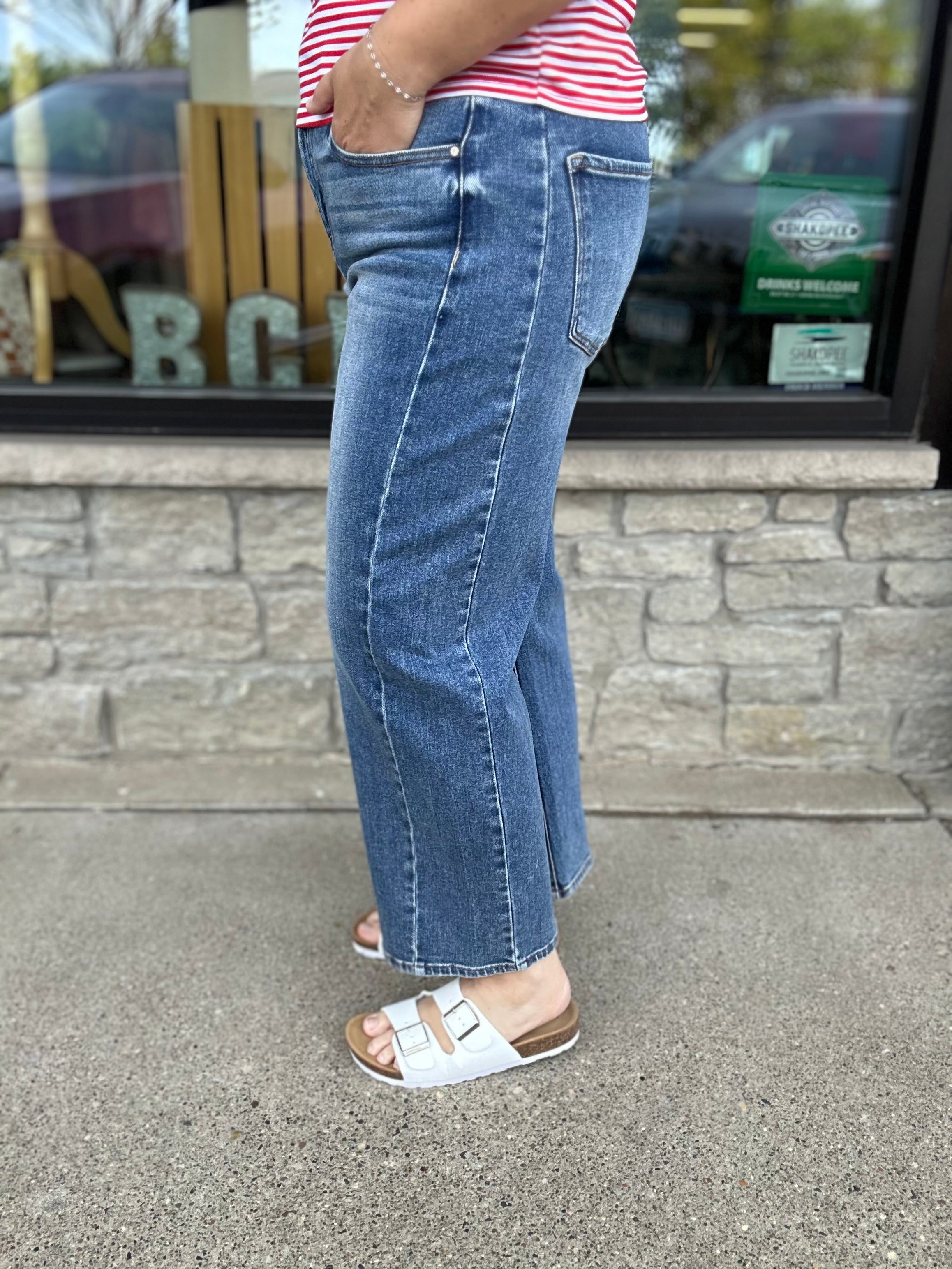 Dark High Rise Crop Barrel Jeans Bottom- Pants RISEN