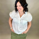 White Collared V Neck Crinkle Blouse Top - Sweater STACCATO