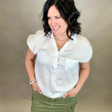 White Collared V Neck Crinkle Blouse Top - Sweater STACCATO