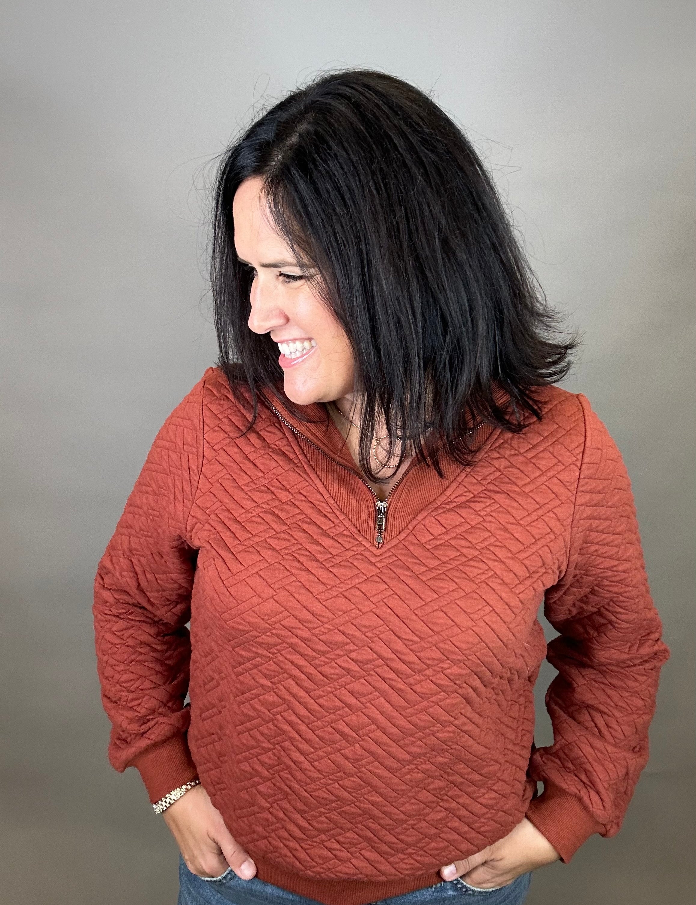 Rust Quilted Half Zip Top Top - Sweatshirt DOE & RAE