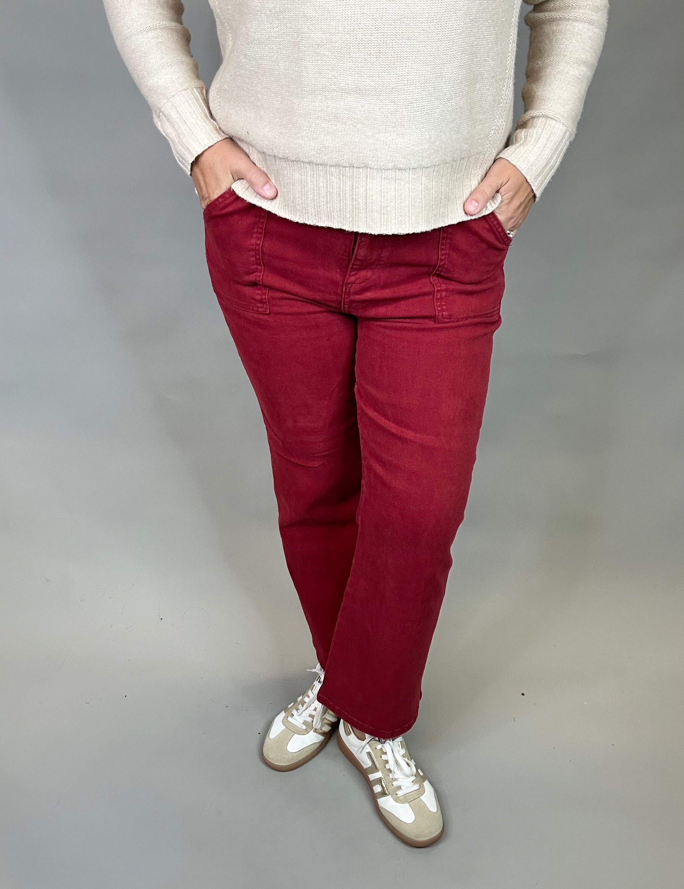 Wine Ankle Flare Patch Pocket Jeans Bottom- Pants RISEN