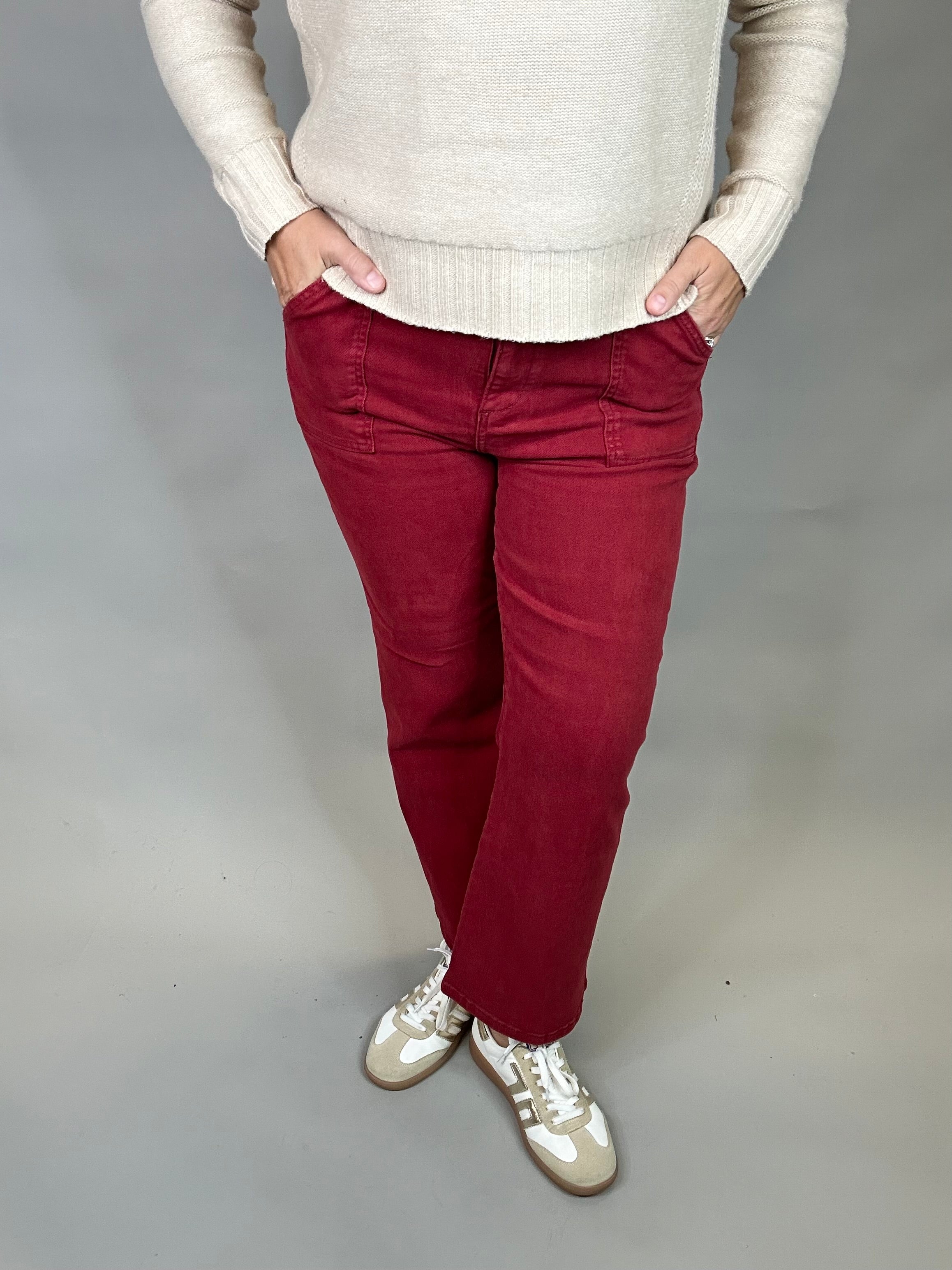 Wine Ankle Flare Patch Pocket Jeans Bottom- Pants RISEN
