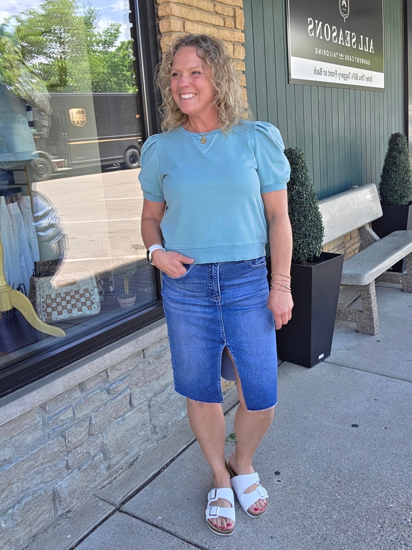 Teal Bubble Sleeve Crew Neck Top Tops- Sweatshirt FATE by LFD