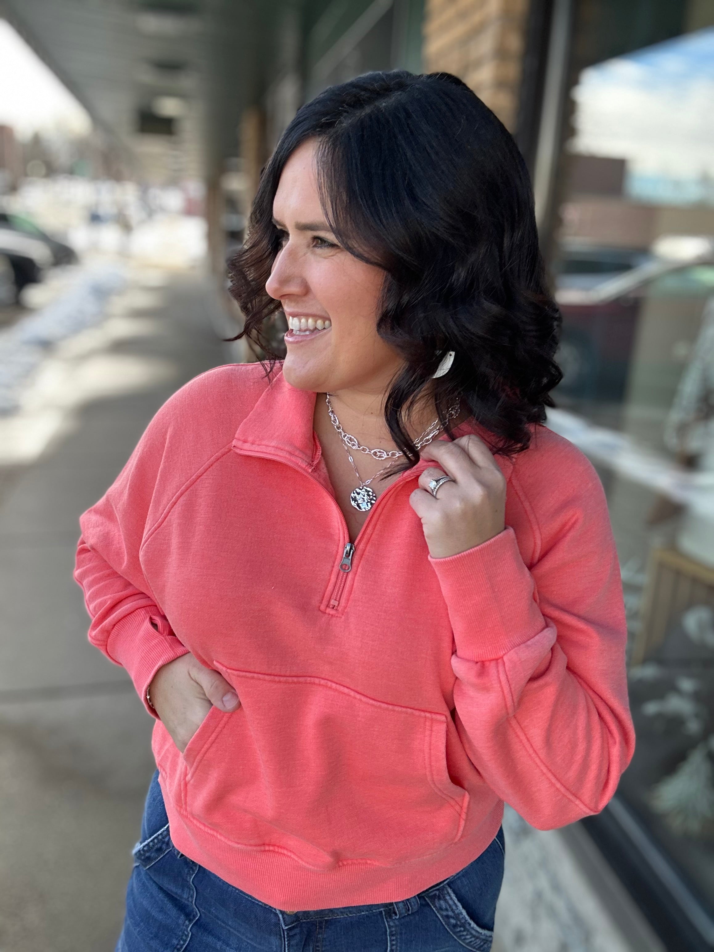 Coral Quarter Zip Sweatshirt Top - Sweatshirt PANACHE